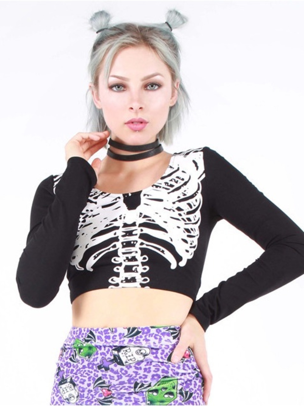 Iron Fist Skeleton Crop Top long sleeve black bones size L NWT
